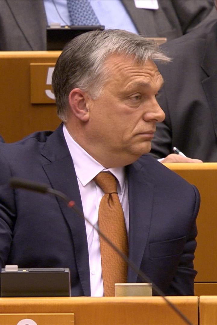 Viktor Orbán bei einer Sitzung, im Anzug und mit Krawatte.
