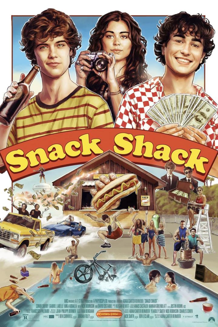 Das Filmplakat zu „Snack Shack“ zeigt drei junge Leute und Szenen, die in einem Schwimmbad spielen.