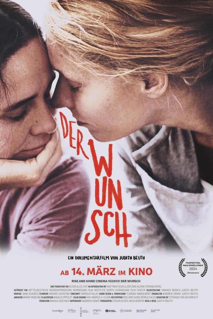 Das Filmplakat für den Dokumentarfilm „Der Wunsch“ zeigt zwei Frauen, die einander zugeneigt sind.