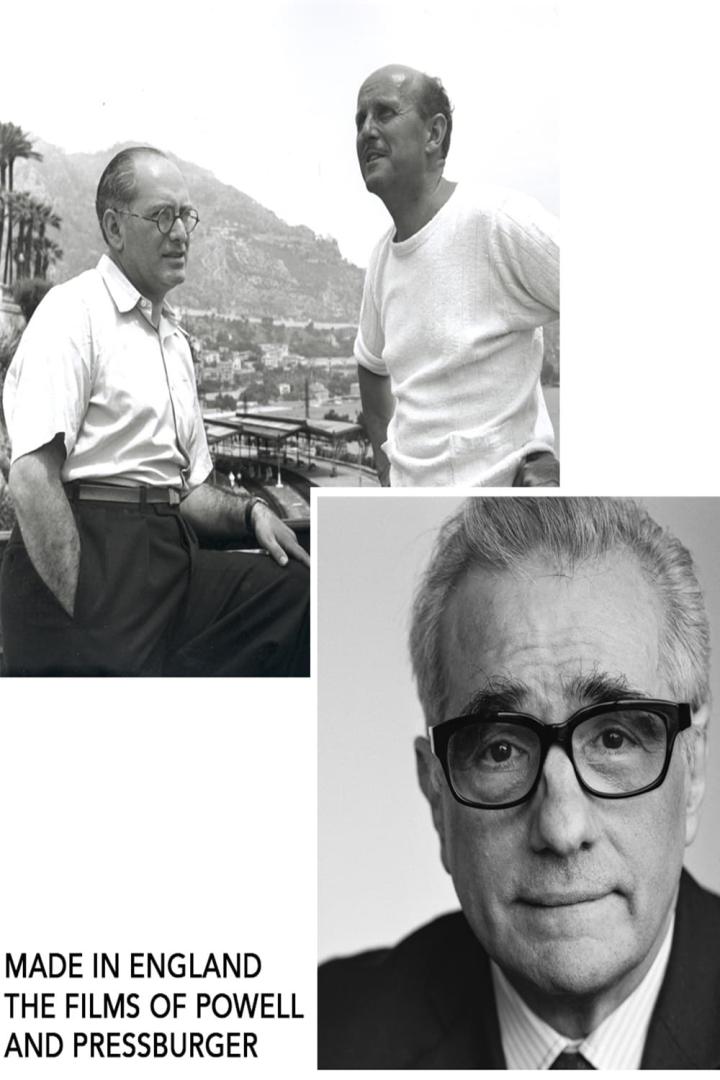 Ein Schwarzweißbild zeigt Powell, Pressburger und Martin Scorsese.