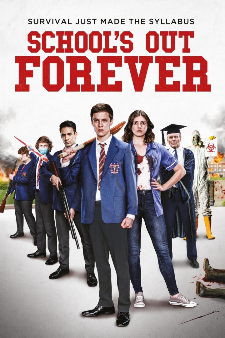 Das Filmplakat für „School's Out Forever“ zeigt eine Gruppe bewaffneter Schüler und Lehrer vor einer brennenden Schule.