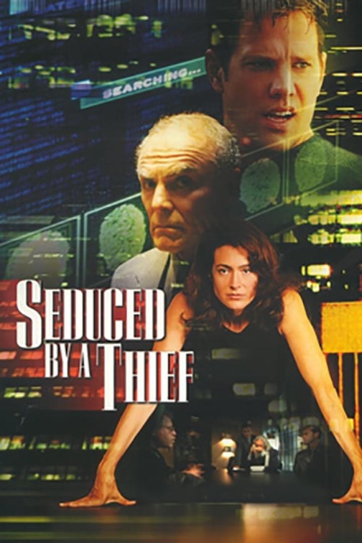 Das Filmplakat für „Seduced by a Thief“ zeigt eine Frau und zwei Männer vor einem digitalen Hintergrund.