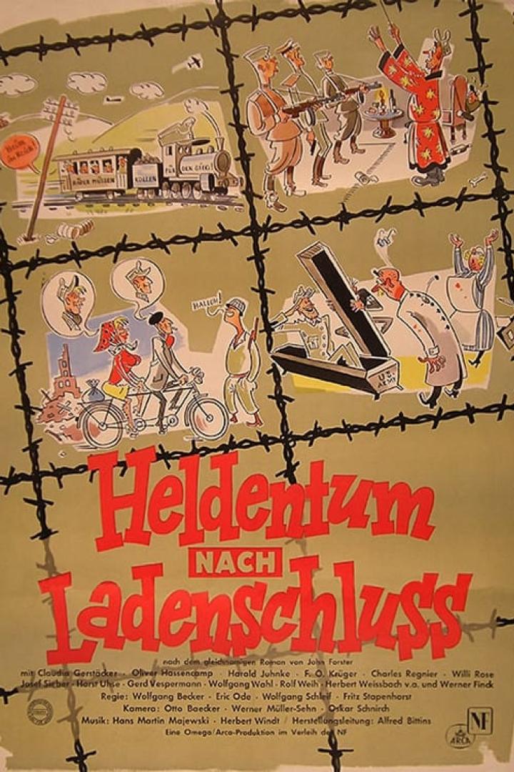 Das Plakat für „Heldentum nach Ladenschluss“ zeigt eine satirische Darstellung hinter Stacheldraht.