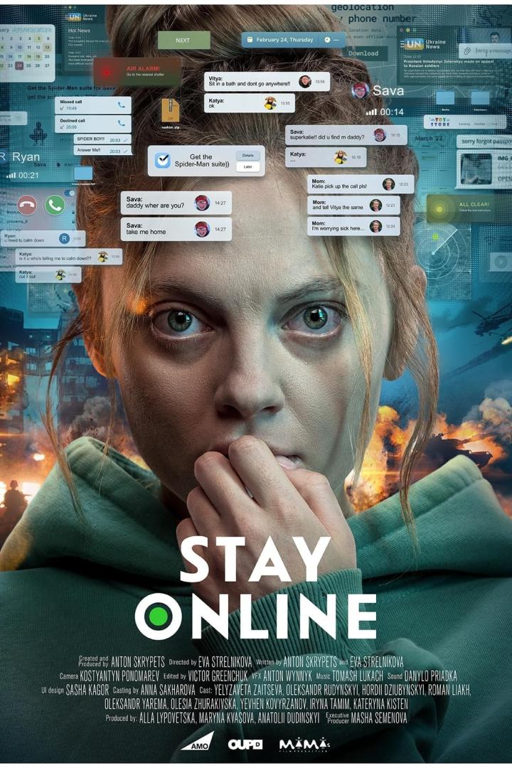 Das Filmplakat zu „Stay Online“ zeigt eine junge Frau, deren Gesicht von Smartphone-Benachrichtigungen überlagert ist.