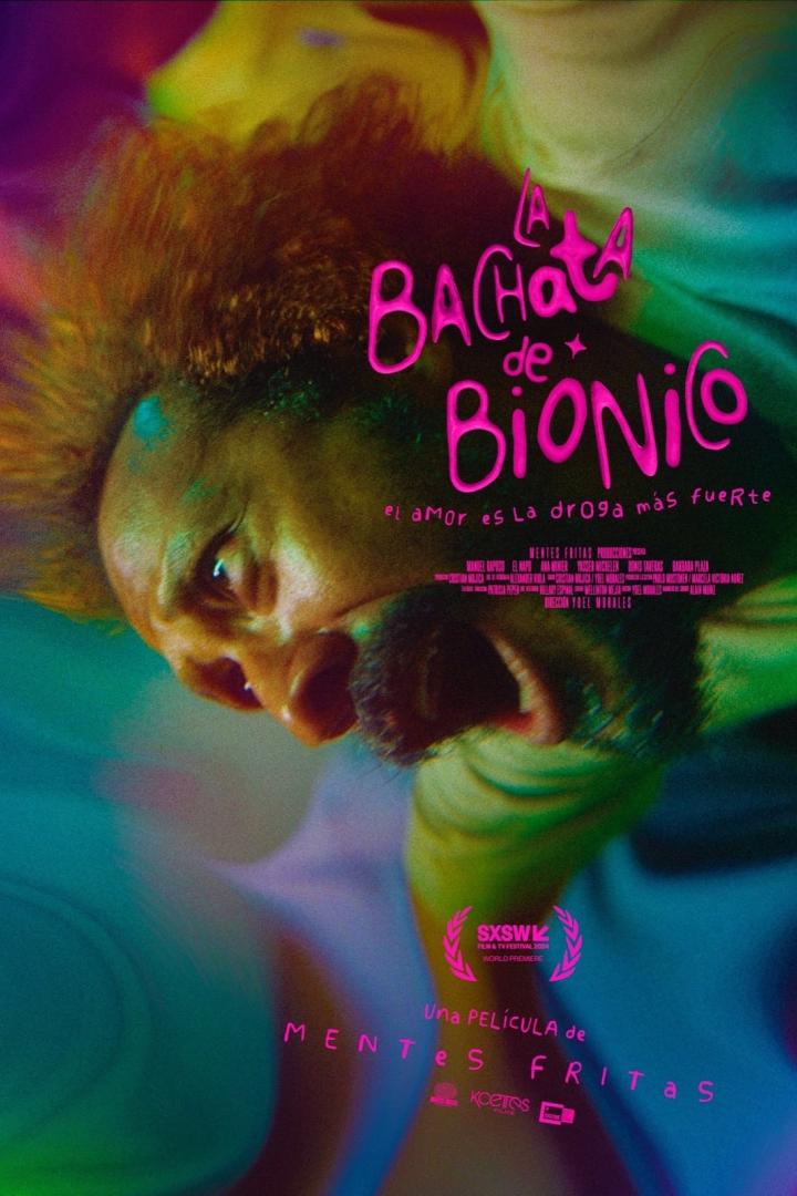 Das Filmplakat für „La Bachata de Biónico“ zeigt ein Gesicht und den Filmtitel in Pink.