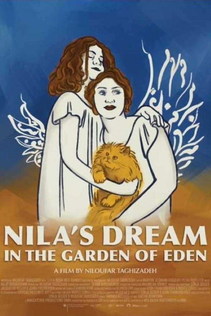 Das Filmplakat für „Nila's Dream in the Garden of Eden“ zeigt zwei Frauen, von denen eine eine Katze hält.