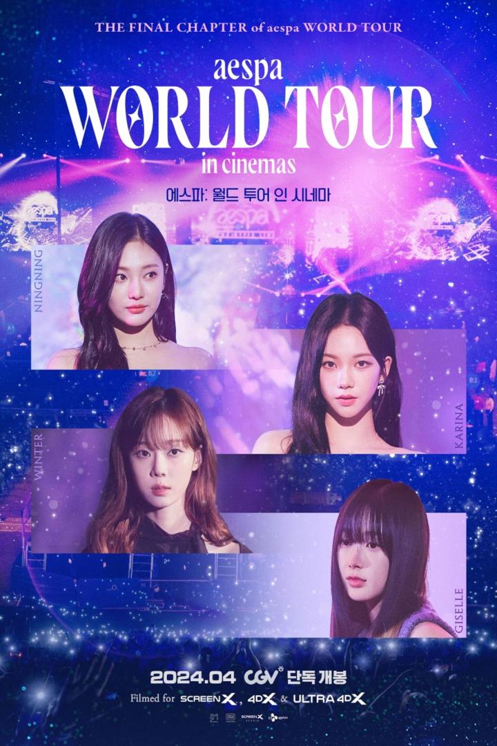 Das Poster für „aespa World Tour in Cinemas“ zeigt die vier Mitglieder Ningning, Winter, Karina und Giselle.