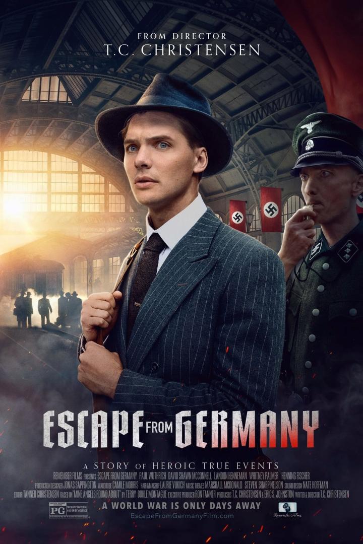 Das Filmplakat für „Escape from Germany“ zeigt einen Mann im Anzug und einen Nazi-Offizier vor Hakenkreuzfahnen.