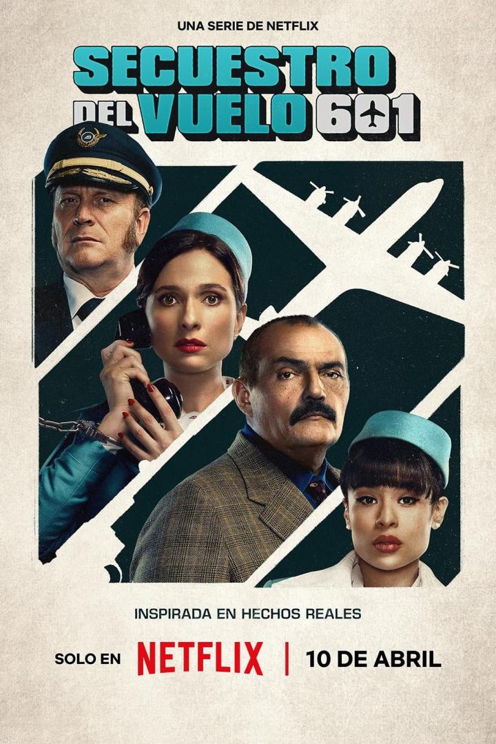 Das Poster für die Netflix-Serie „Entführung von Flug 601“ zeigt Pilot, Stewardessen und einen Entführer.