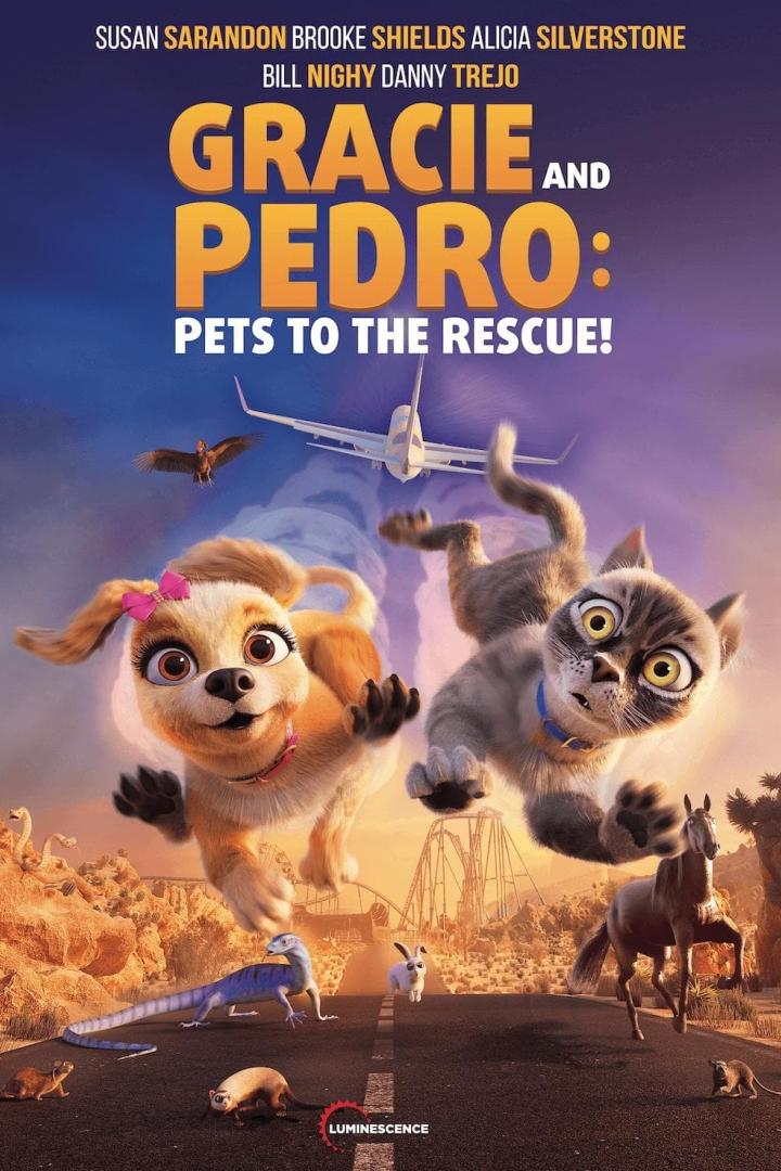 Das Filmplakat für „Gracie and Pedro: Pets to the Rescue!“ zeigt eine Katze, einen Hund und andere Tiere vor einem Flugzeug.