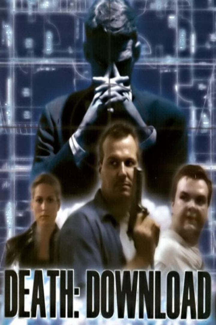 Das Filmplakat für „Death: Download“ zeigt drei Personen und einen Mann im Anzug vor einem digitalen Hintergrund.