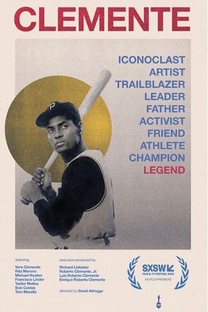 Das Filmplakat für „Clemente“ zeigt einen Baseballspieler mit Schläger vor einem goldenen Kreis.