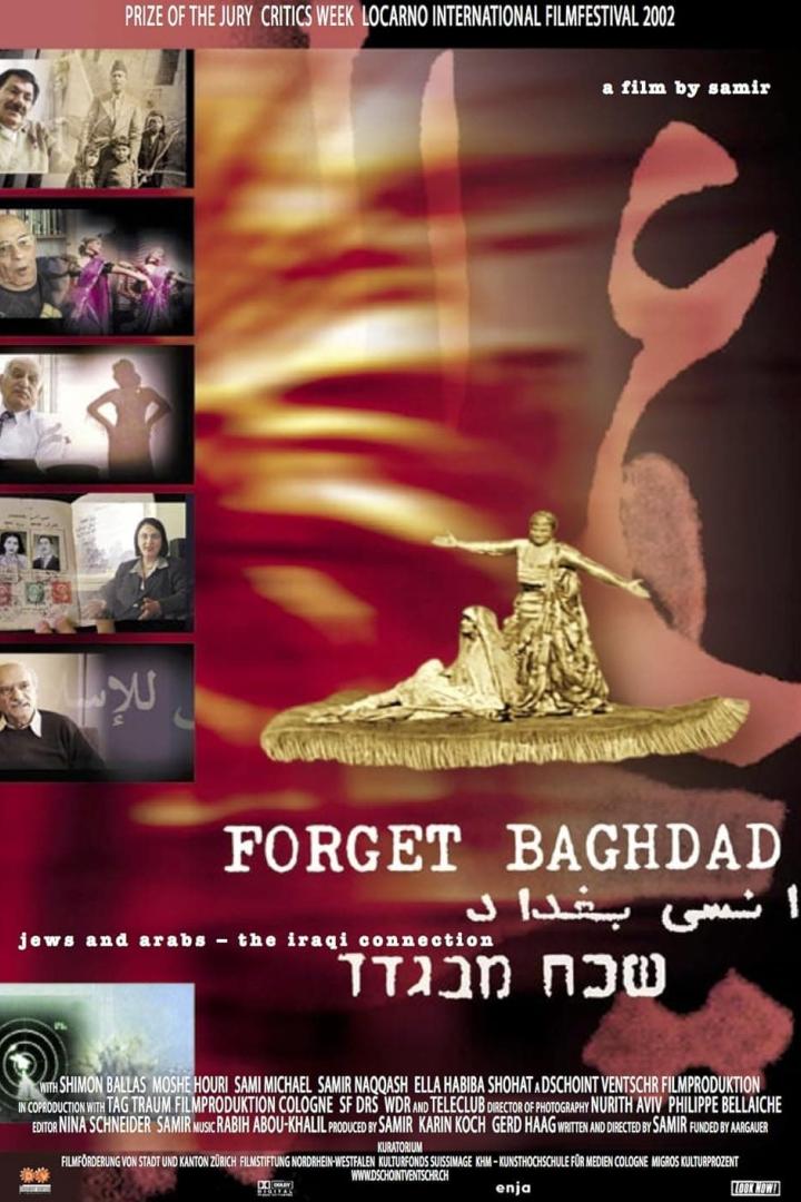 Das Filmplakat für „Forget Baghdad“ zeigt Szenen aus dem Film und den Titel in Englisch, Arabisch und Hebräisch.