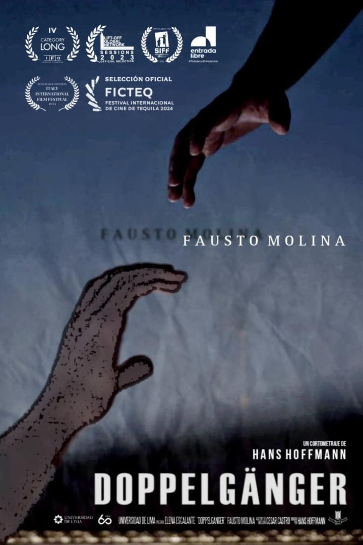 Das Filmplakat für „Doppelgänger“ zeigt zwei Hände, die sich berühren wollen.