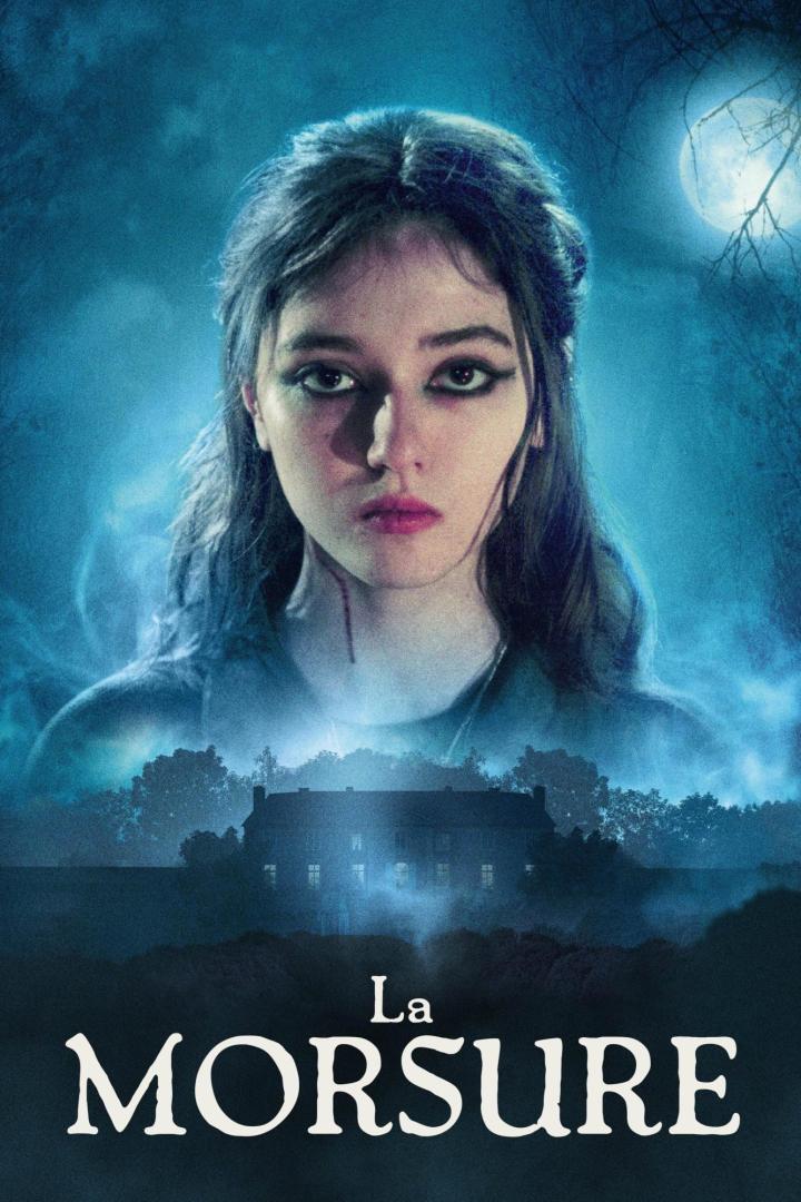 Das Filmplakat für „La Morsure“ zeigt ein junges Mädchen vor einem unheimlichen Haus im Mondschein.