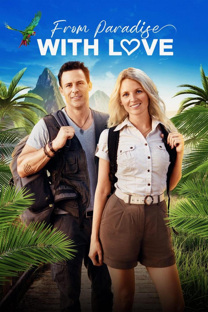 Ein Mann und eine Frau stehen vor einer tropischen Landschaft für „From Paradise With Love“.