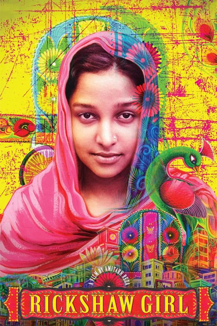 Das farbenfrohe Filmplakat für „Rickshaw Girl“ zeigt ein junges Mädchen mit Kopftuch.