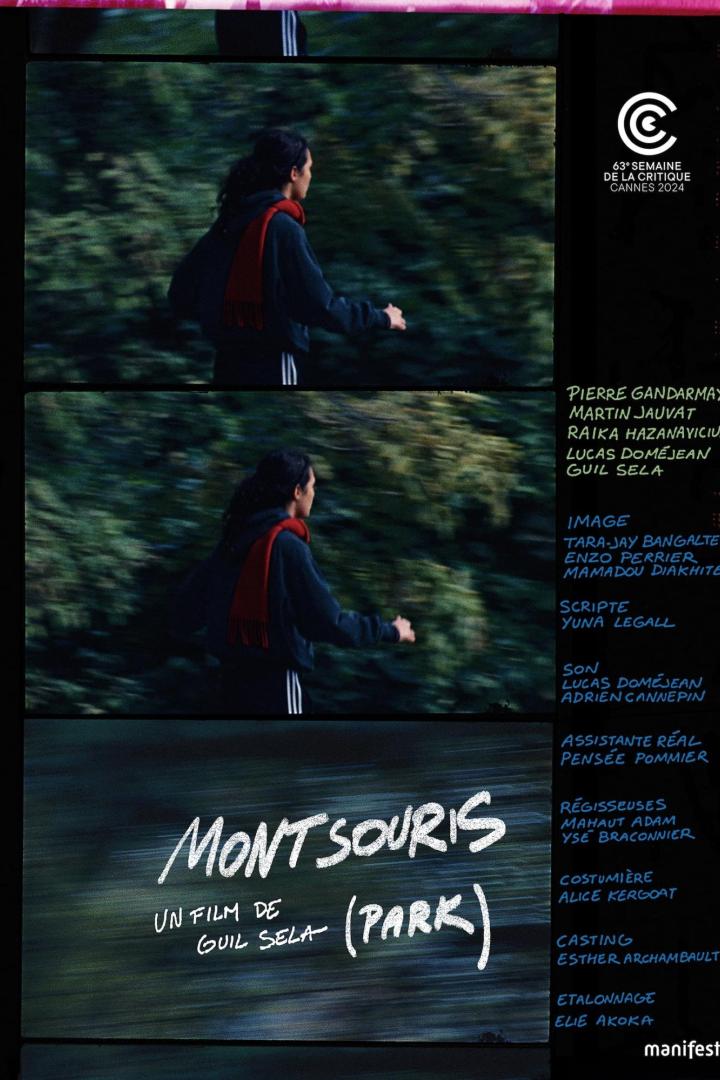 Eine Frau mit Schal rennt im Filmplakat zu „Montsouris (Park)“ durch einen Park.