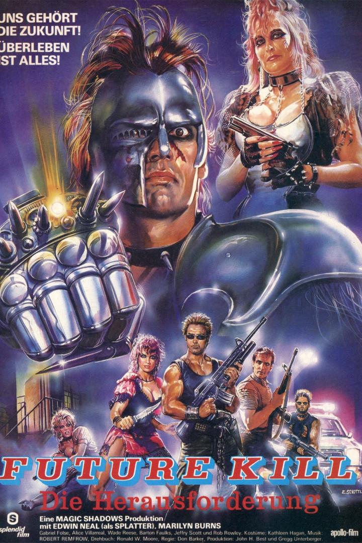 Das Filmplakat für „Future Kill“ zeigt bewaffnete Charaktere in einer dystopischen Zukunft.