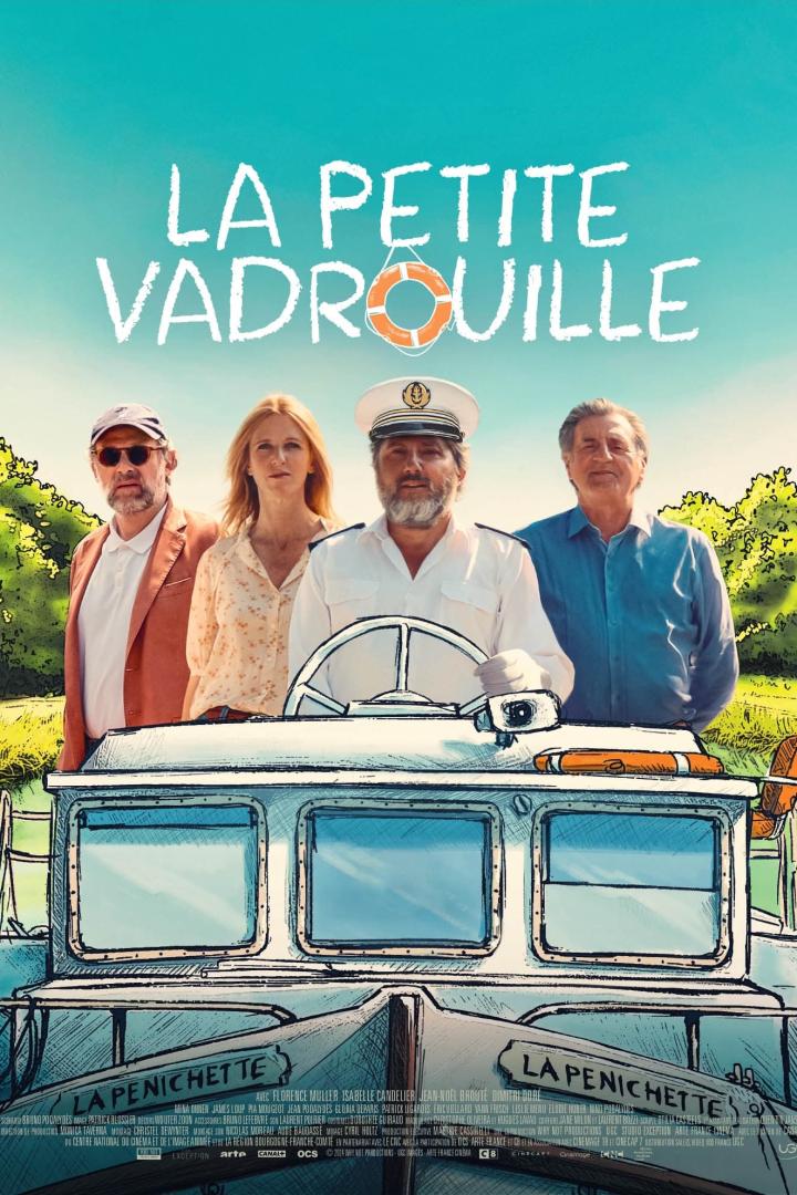 Das Filmplakat für „La Petite Vadrouille“ zeigt vier Personen auf einem Boot.