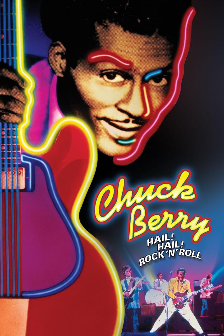 Das Filmplakat für „Chuck Berry: Hail! Hail! Rock 'n' Roll“ zeigt Chuck Berry und eine stilisierte Gitarre.