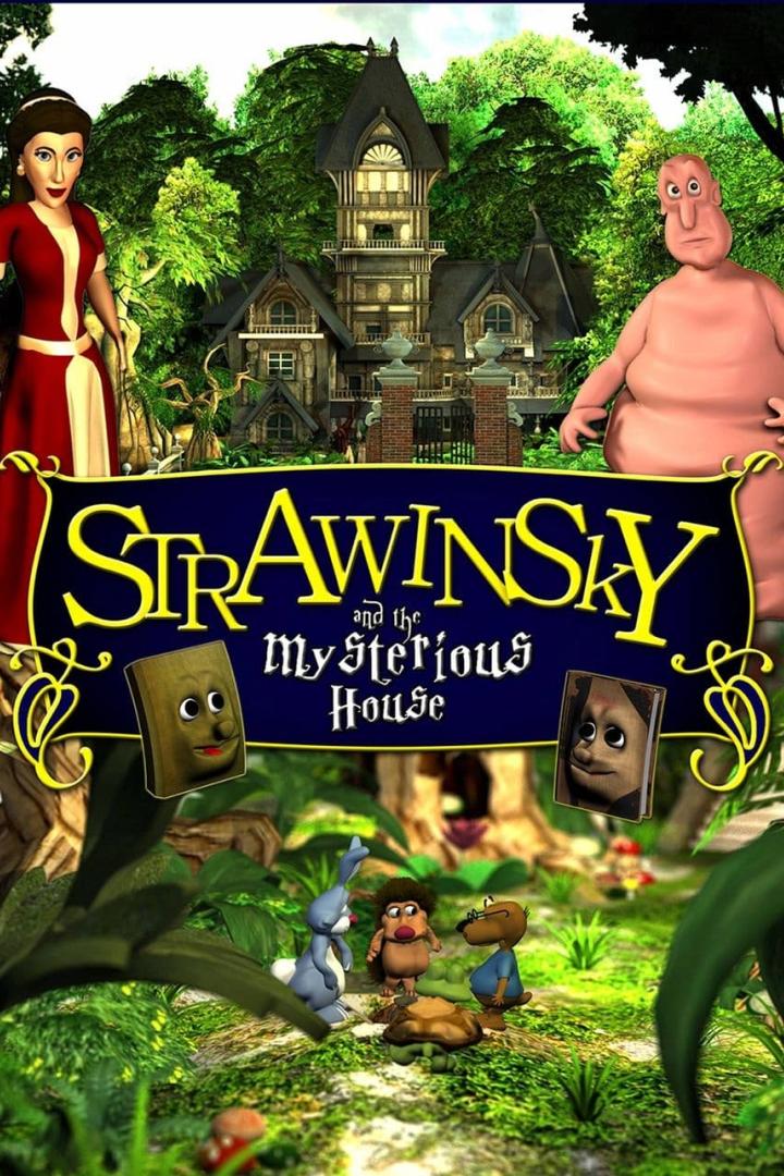 Das Cover des Animationsfilms „Strawinsky und das geheimnisvolle Haus“ mit verschiedenen Charakteren.