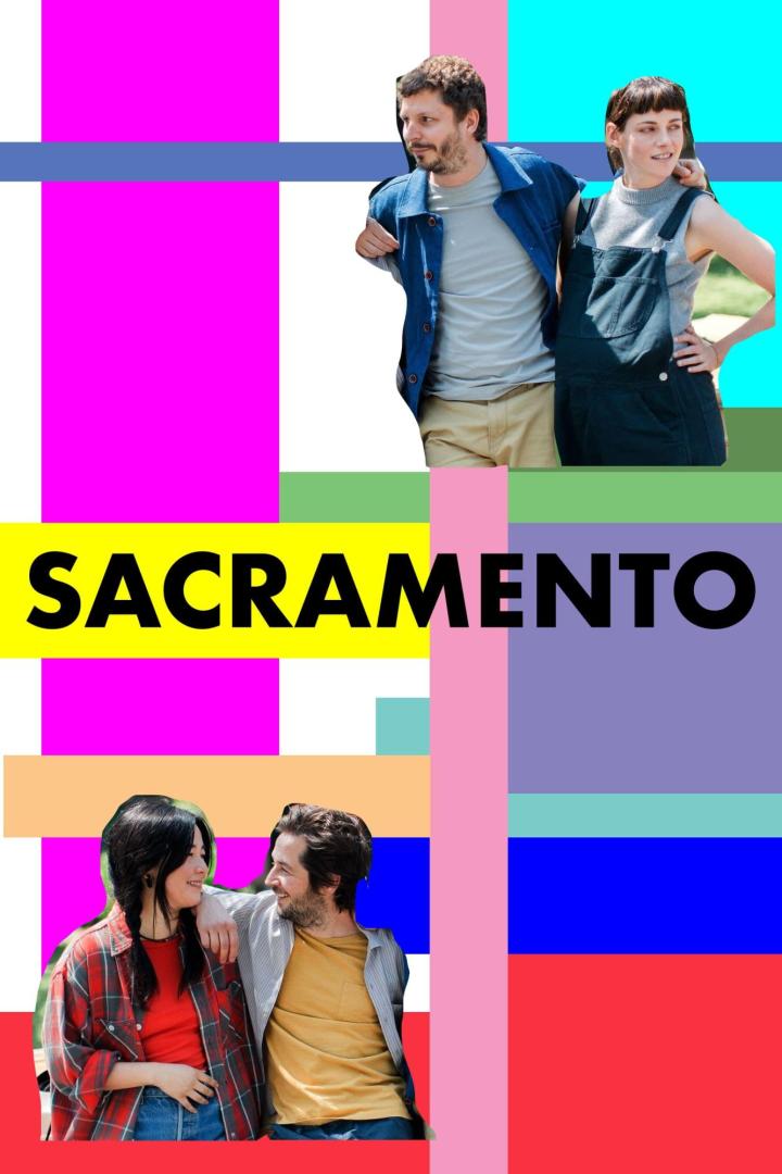 Das Filmplakat für „Sacramento“ zeigt zwei Paare vor einem farbenfrohen, abstrakten Hintergrund.