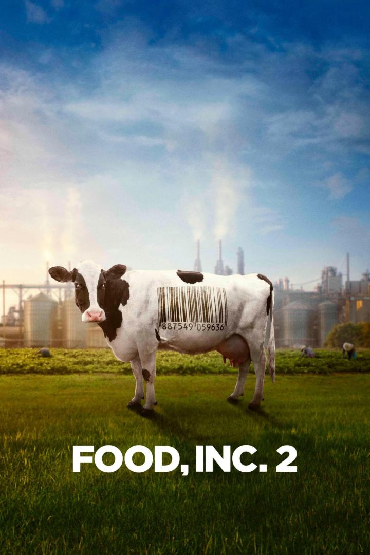 Das Filmplakat für „Food, Inc. 2“ zeigt eine Kuh mit einem Barcode auf einem Feld vor einer Fabrik.