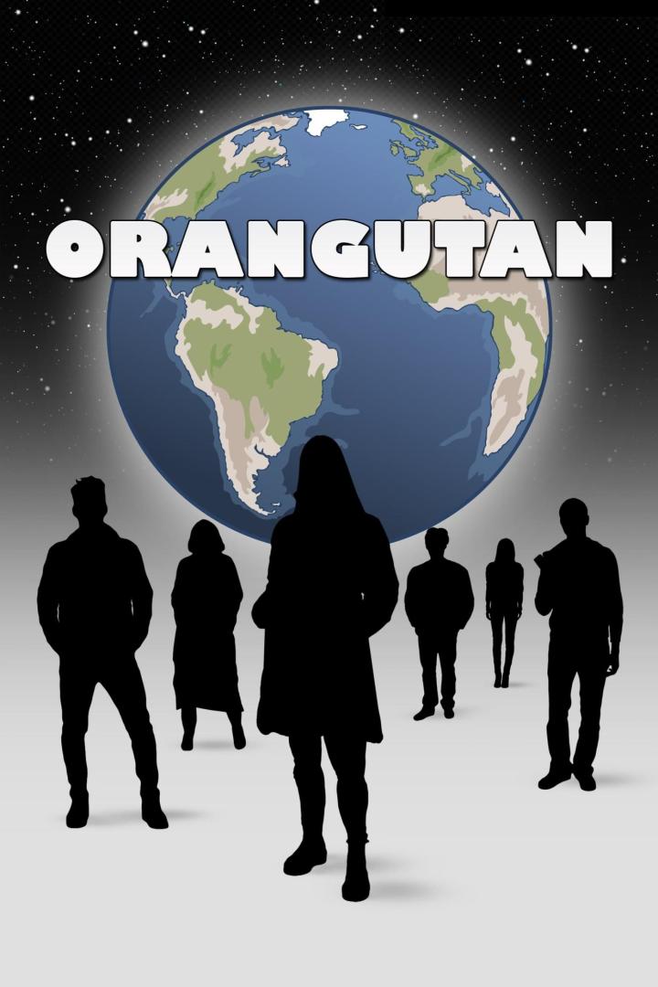 Silhouetten von Menschen vor einer Weltkugel mit dem Wort „Orangutan“ darüber.