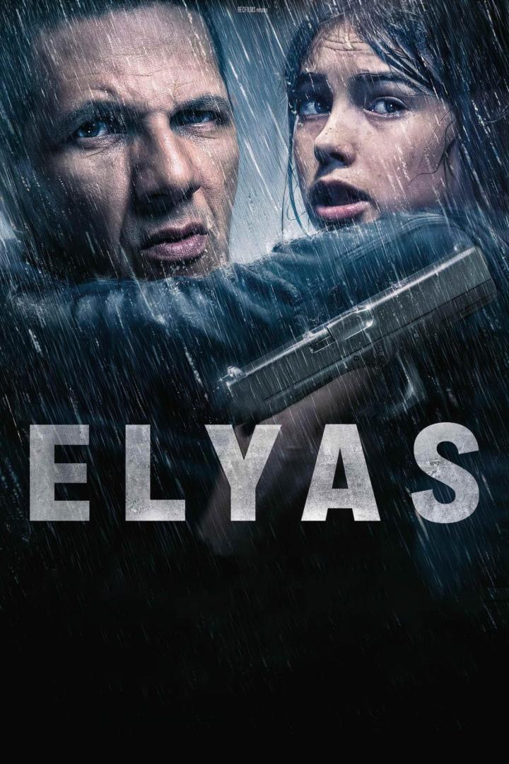 Ein Mann und ein junges Mädchen stehen im Regen, der Mann hält eine Waffe; Filmposter „Elyas“.