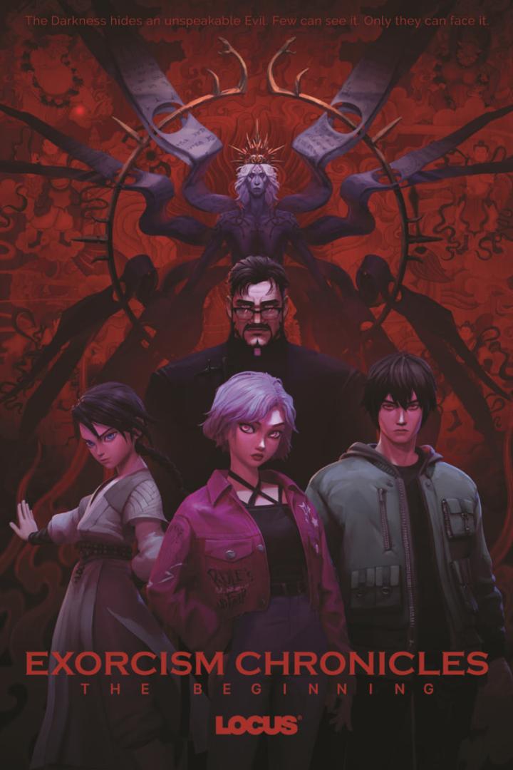 Das Poster für „Exorcism Chronicles: The Beginning“ zeigt eine Gruppe von Leuten vor einem roten, dämonischen Hintergrund.