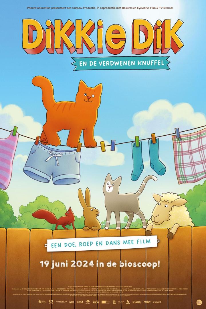 Das Filmplakat für „Dikkie Dik en de Verdwenen Knuffel“ mit verschiedenen animierten Tieren.