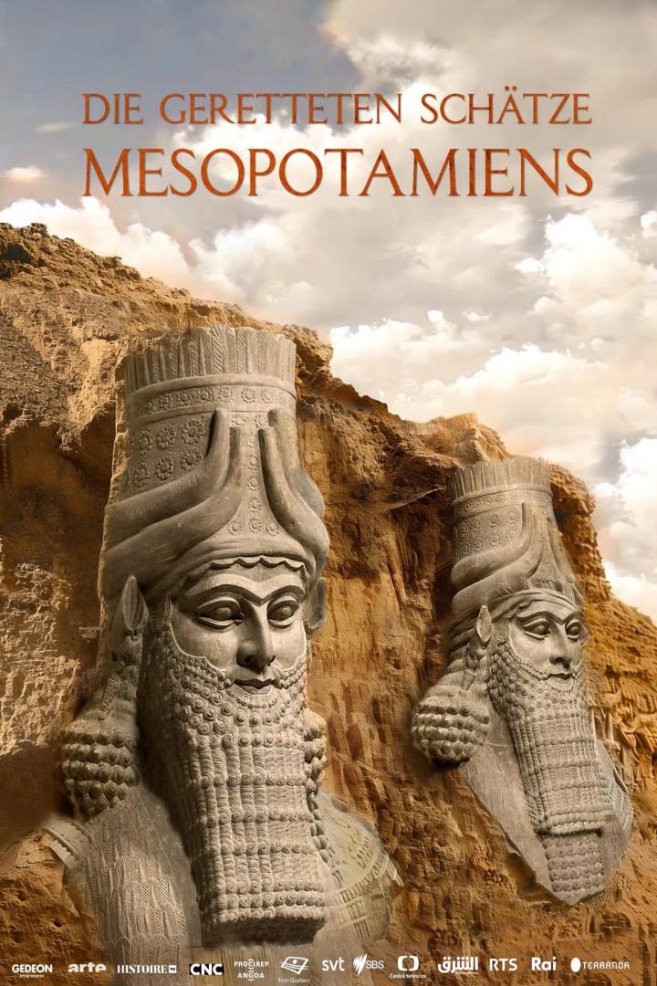 Das Filmplakat zu „Die geretteten Schätze Mesopotamiens“ zeigt zwei assyrische Lamassu-Statuen.