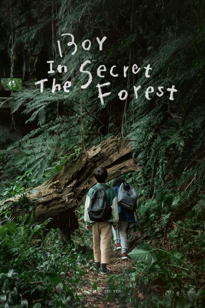 Zwei Kinder mit Rucksäcken wandern in dem Filmplakat zu „Boy in The Secret Forest“ durch einen dichten Wald.