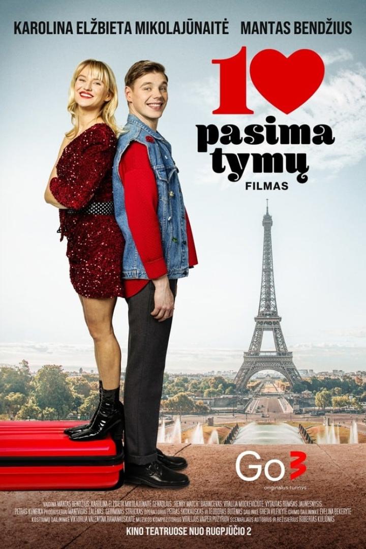 Das Filmplakat für „10 pasimatymų filmas“ zeigt zwei Schauspieler vor dem Eiffelturm in Paris.