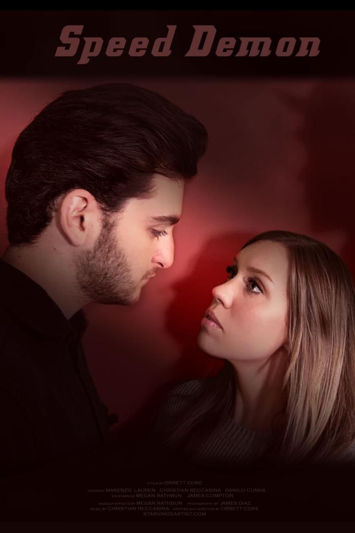 Das Filmplakat für „Speed Demon“ zeigt zwei sich anblickende junge Menschen vor rotem Hintergrund.