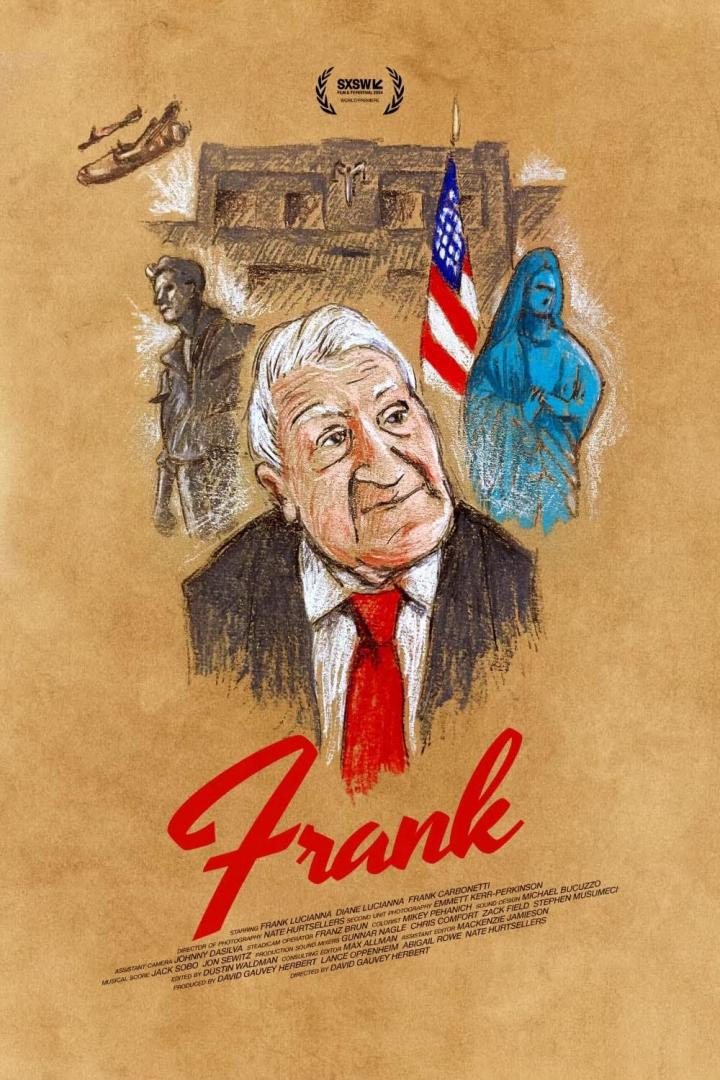 Das gezeichnete Filmplakat für „Frank“ zeigt eine Karikatur des Protagonisten vor verschiedenen Szenen.
