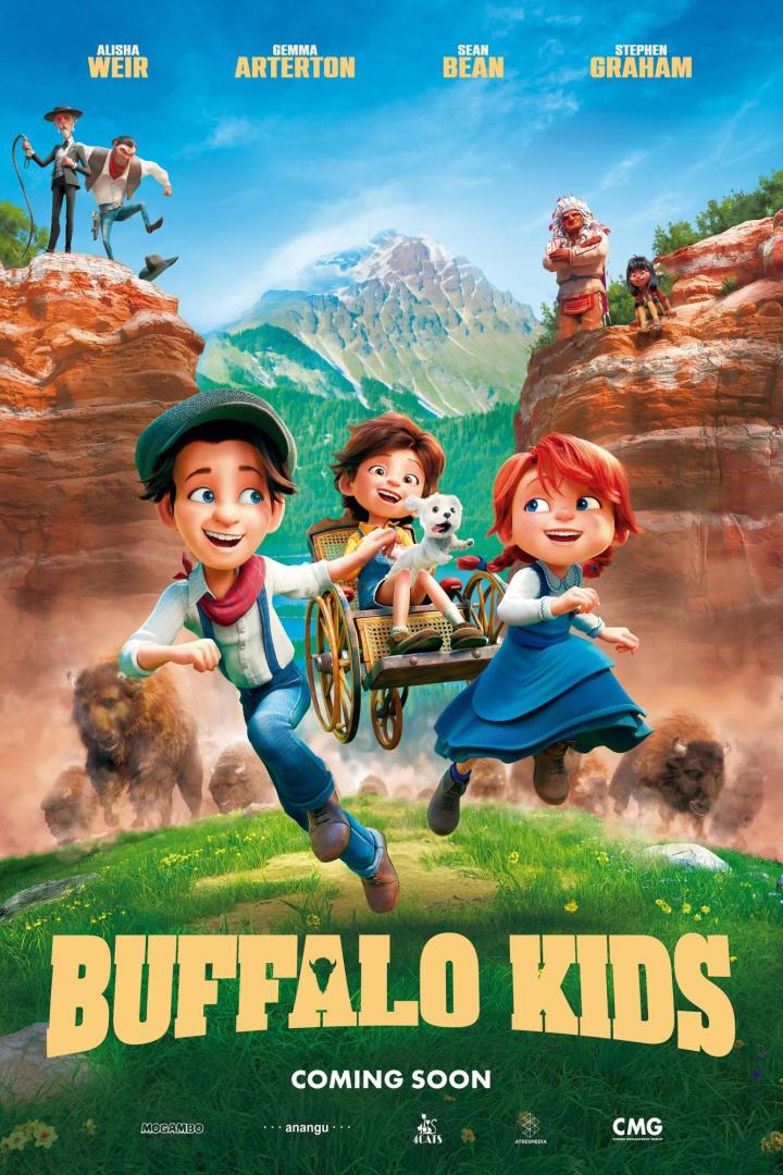 Das Filmplakat für „Buffalo Kids“ zeigt animierte Kinder vor einer Bergkulisse mit Büffeln.