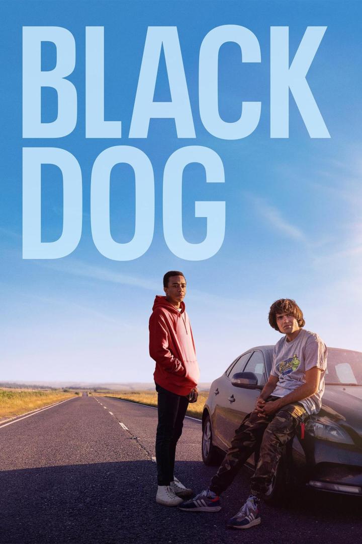 Zwei junge Männer stehen an einem Auto auf einer Landstraße unter dem Titel „Black Dog“.