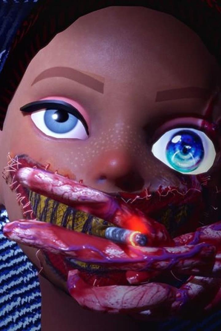 Das Gesicht einer Frau ist mit blutigen Wunden und Nähten entstellt, eine Zigarette im Mund.