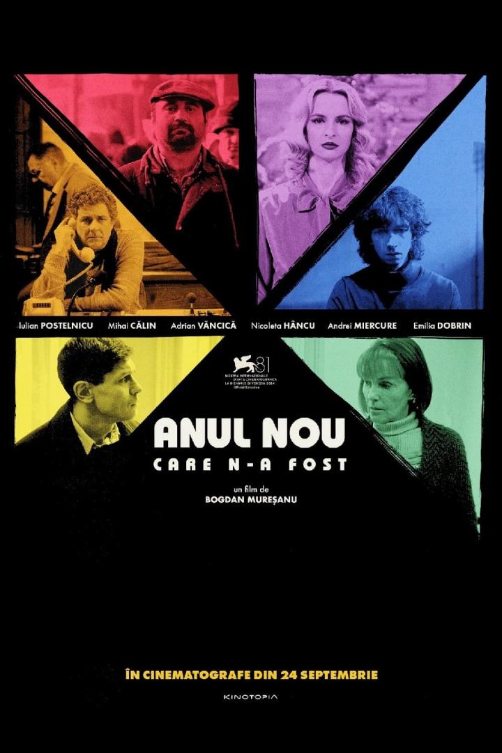 Das Filmplakat für „Anul Nou Care N-A Fost“ zeigt die Schauspieler in farbigen Feldern.