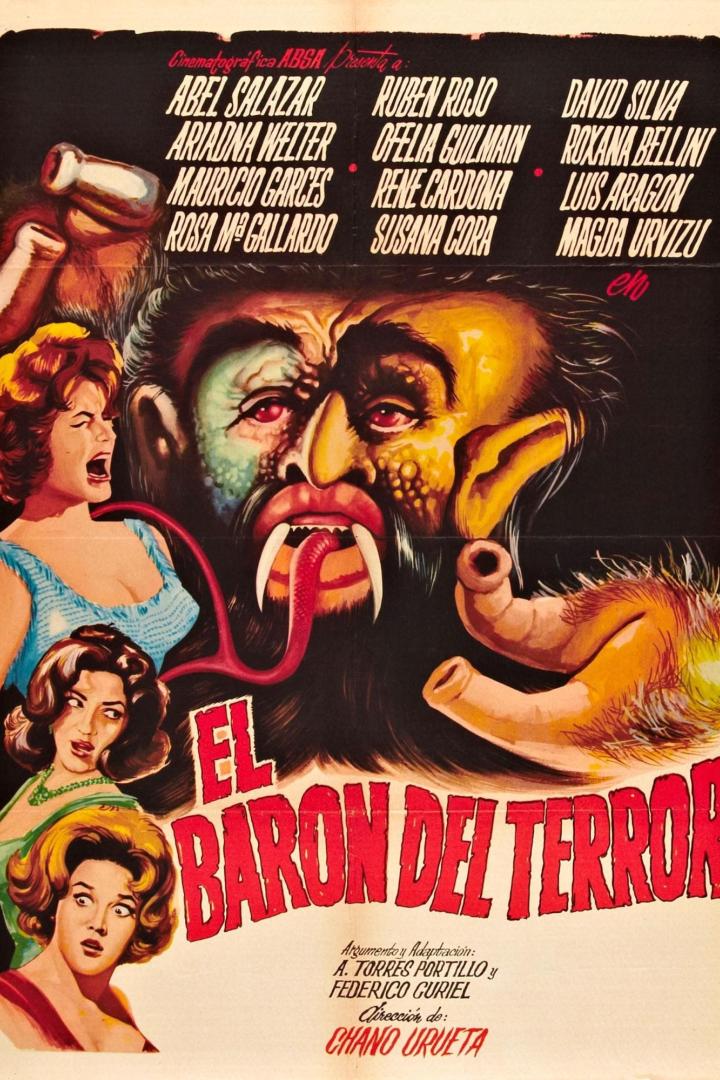 Das Filmplakat für „El Barón del Terror“ zeigt einen Monster mit langem Zunge und drei Frauen.