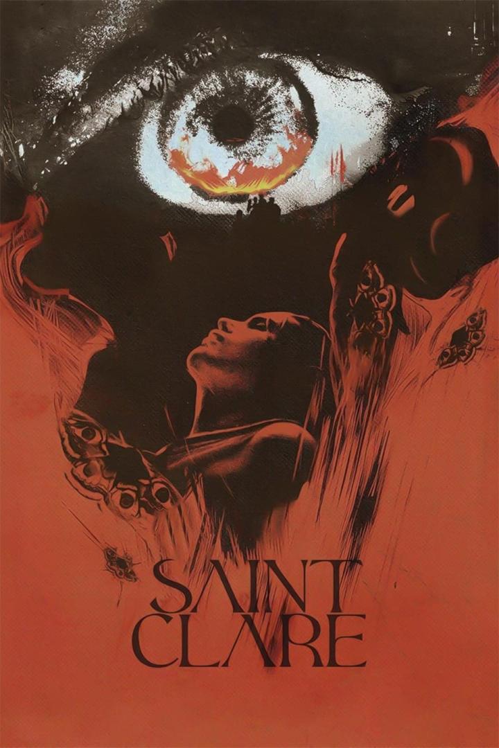 Das Filmplakat für „Saint Clare“ zeigt eine Frau, die zu einem großen, brennenden Auge aufblickt.