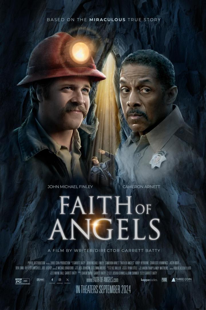 Das Filmplakat für „Faith of Angels“ zeigt John Michael Finley und Cameron Arnett vor einem Höhleneingang.