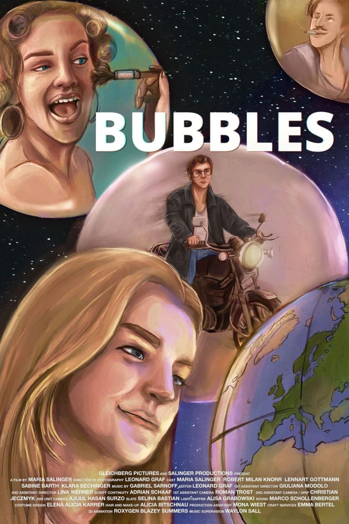 Das Filmposter für „Bubbles“ zeigt mehrere Charaktere in Seifenblasen vor einem Weltraumhintergrund.