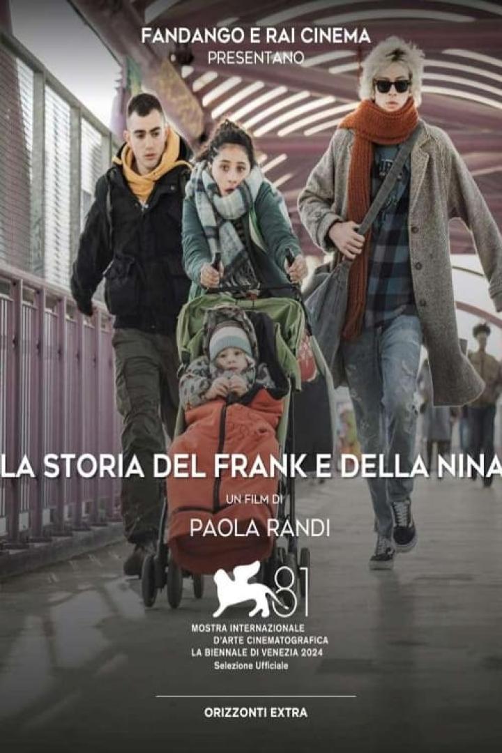 Das Filmplakat für „La Storia del Frank e della Nina“ zeigt drei junge Erwachsene und ein Baby in einem Kinderwagen.