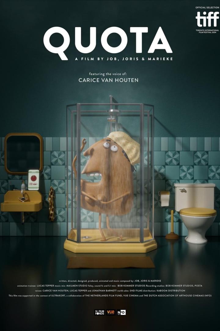 Das Filmplakat für „Quota“ zeigt eine animierte Figur unter der Dusche, gesprochen von Carice van Houten.