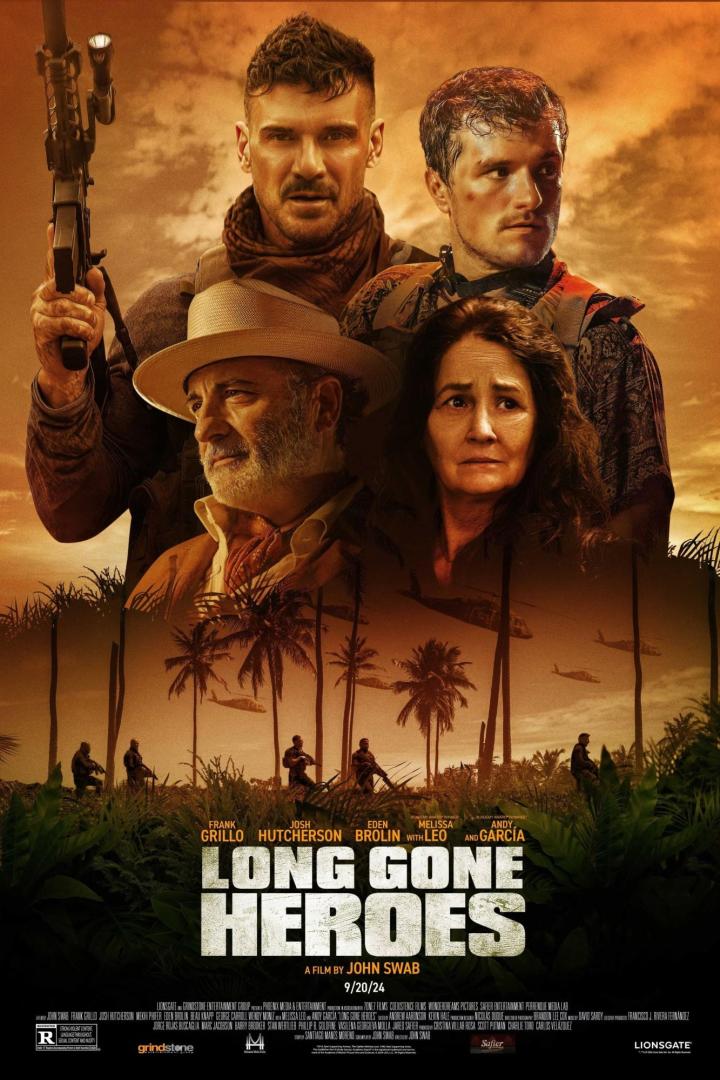 Das Filmplakat für „Long Gone Heroes“ zeigt Frank Grillo, Josh Hutcherson, Eden Brolin, Melissa Leo und Andy Garcia vor Palmen.