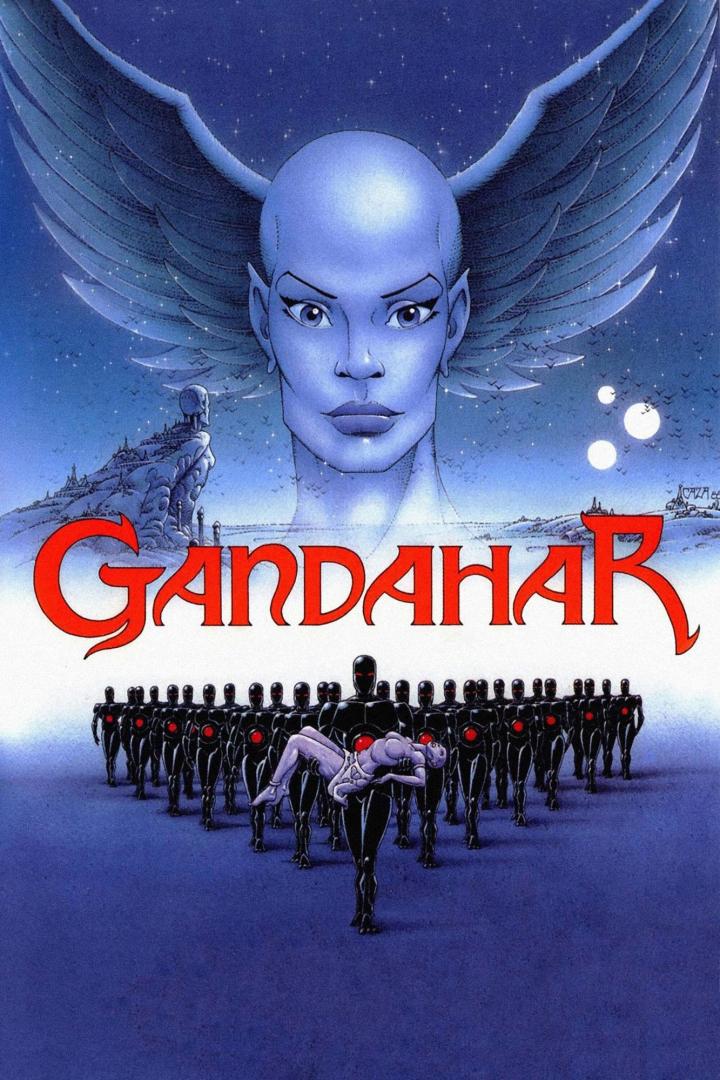 Das Cover für den Film „Gandahar“ zeigt eine blauhäutige Frau mit Flügeln und eine Reihe schwarzer Roboter, die eine Frau tragen.