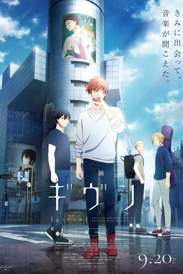 Das Filmplakat für den Anime „Given“ zeigt die Hauptfiguren vor einem Gebäude in der Stadt.